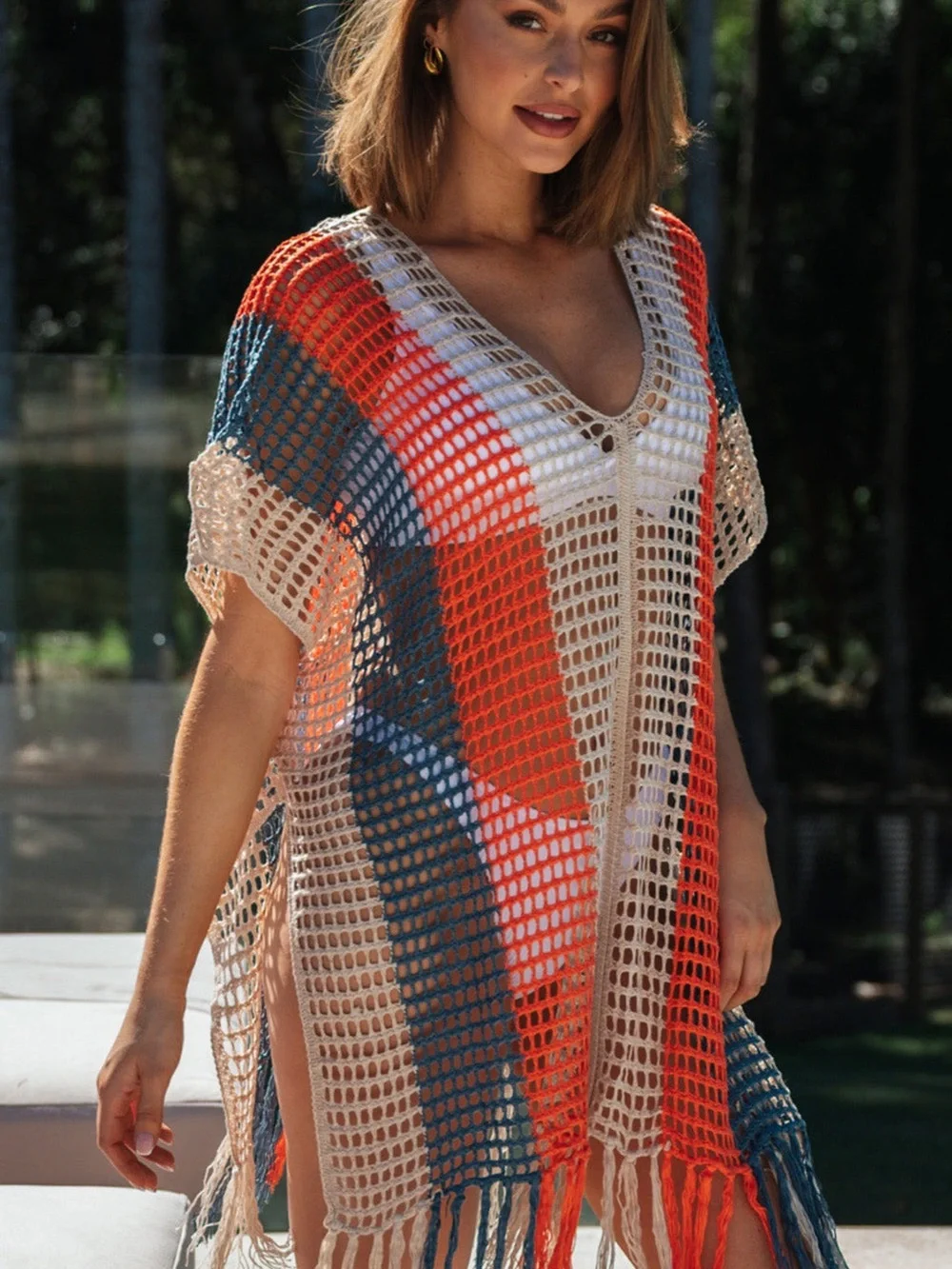 Azure Exchange Crochet Fringe Swim Cover-Up in Beige, Orange & Blue - Picture 2 of 3